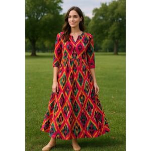 Guadalupe Boho Cotton Dress Pink Teal Beige Ikat Print Sz M Mexico Artisan Style